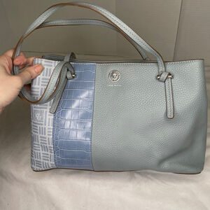 Anne Klein Blue Colorblock Faux Leather Tote Croc Pebbled Satchel Bag